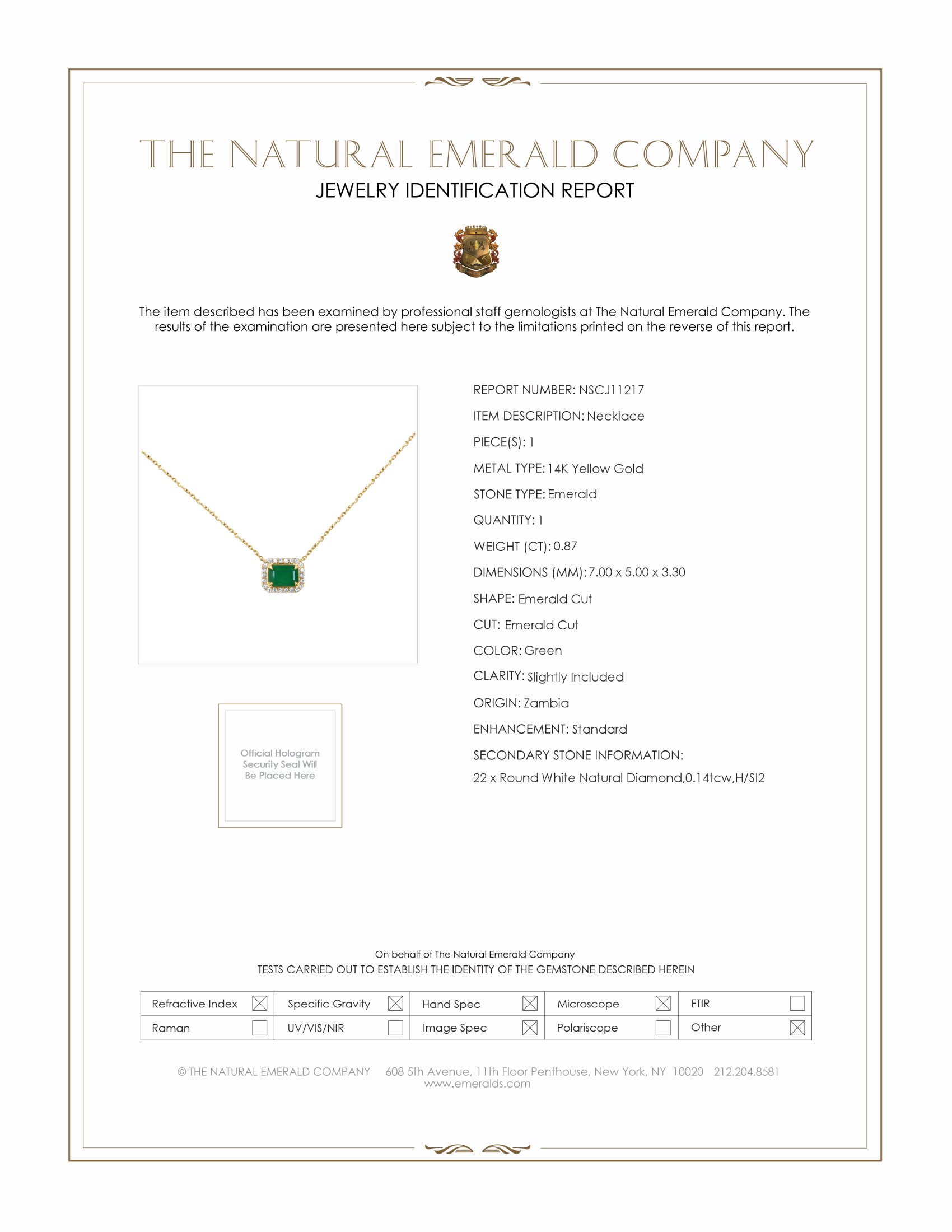 0.87 Ct. Emerald and Natural Diamond Halo Necklace, 14K Yellow Gold