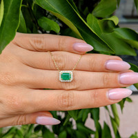 0.87 Ct. Emerald Natural Diamond Halo Necklace, 14K Yellow Gold Life Style