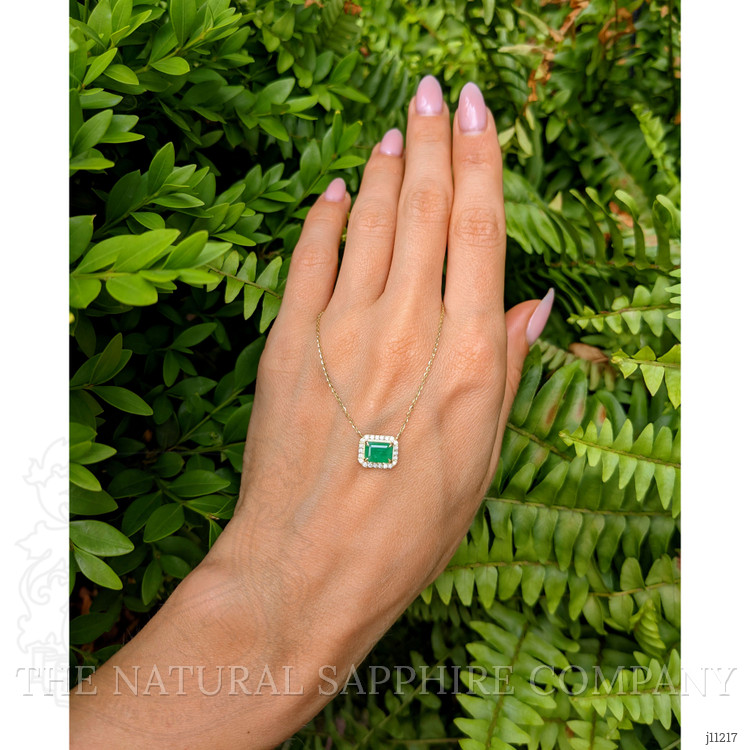 0.87 Ct. Emerald Natural Diamond Halo Necklace, 14K Yellow Gold