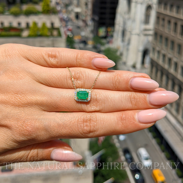 0.87 Ct. Emerald Natural Diamond Halo Necklace, 14K Yellow Gold