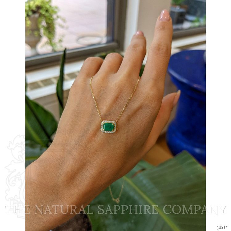 0.87 Ct. Emerald Natural Diamond Halo Necklace, 14K Yellow Gold