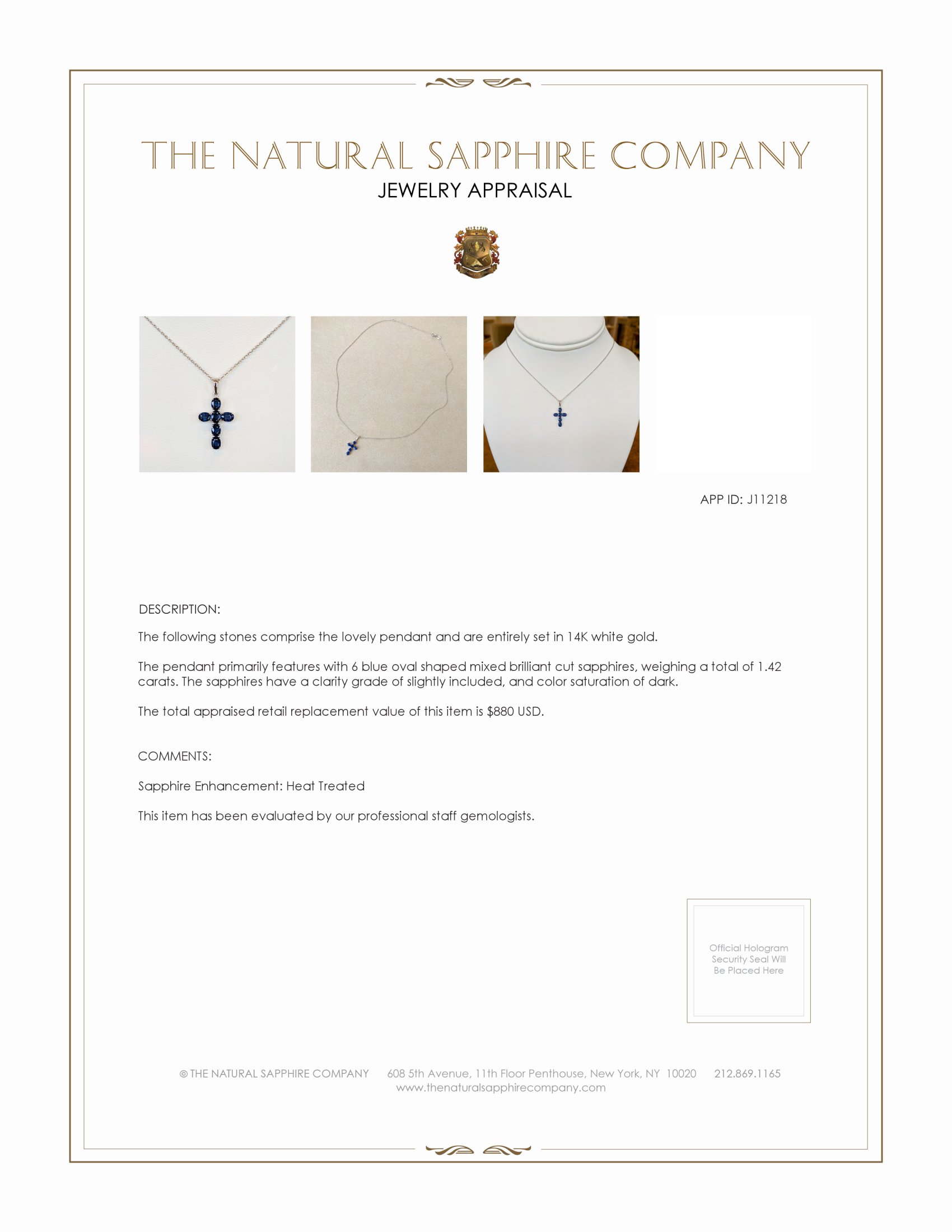 1.42 Ct. Blue Sapphire Religious Pendant, 14K White Gold