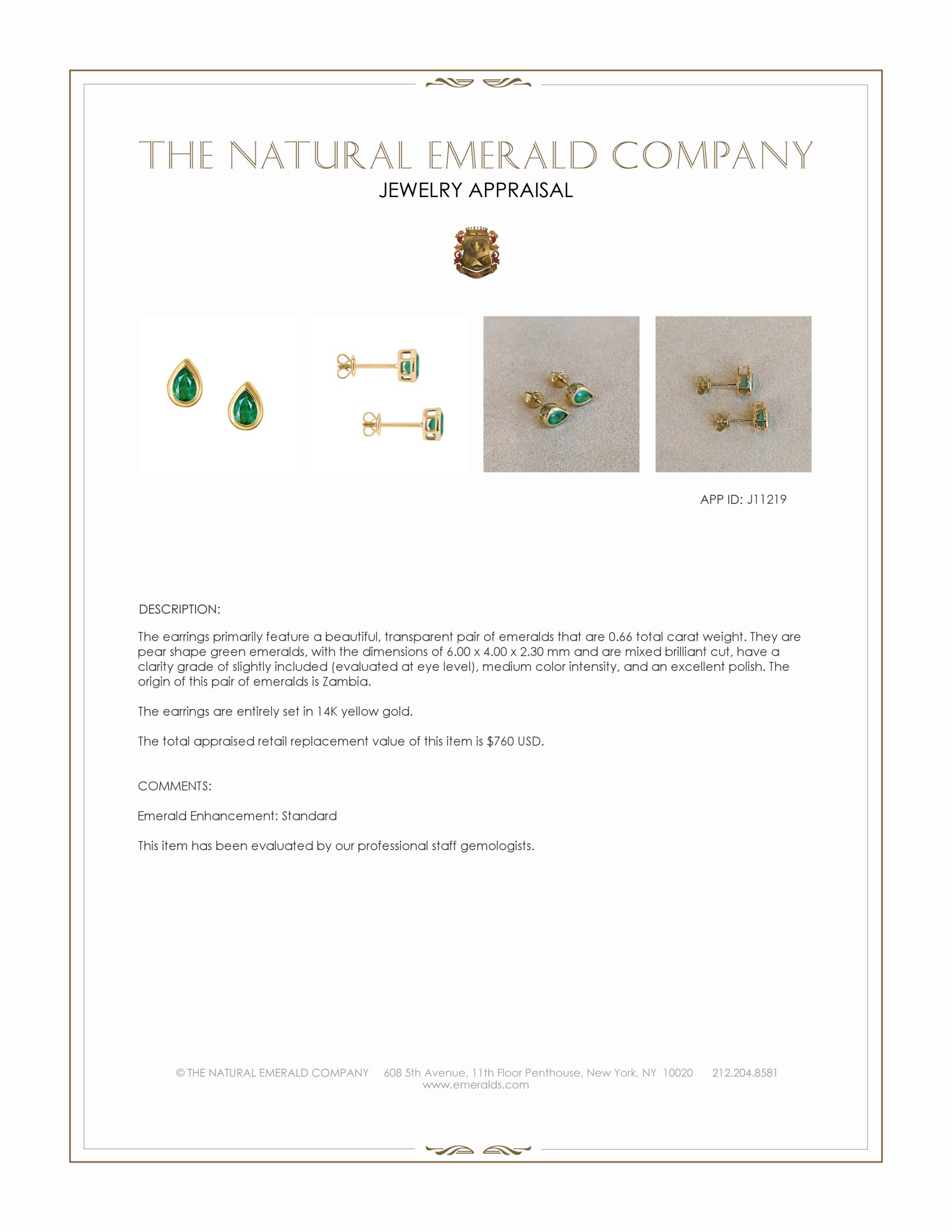 0.66 Ct.Tw. Emerald Studs Earrings, 14K Yellow Gold