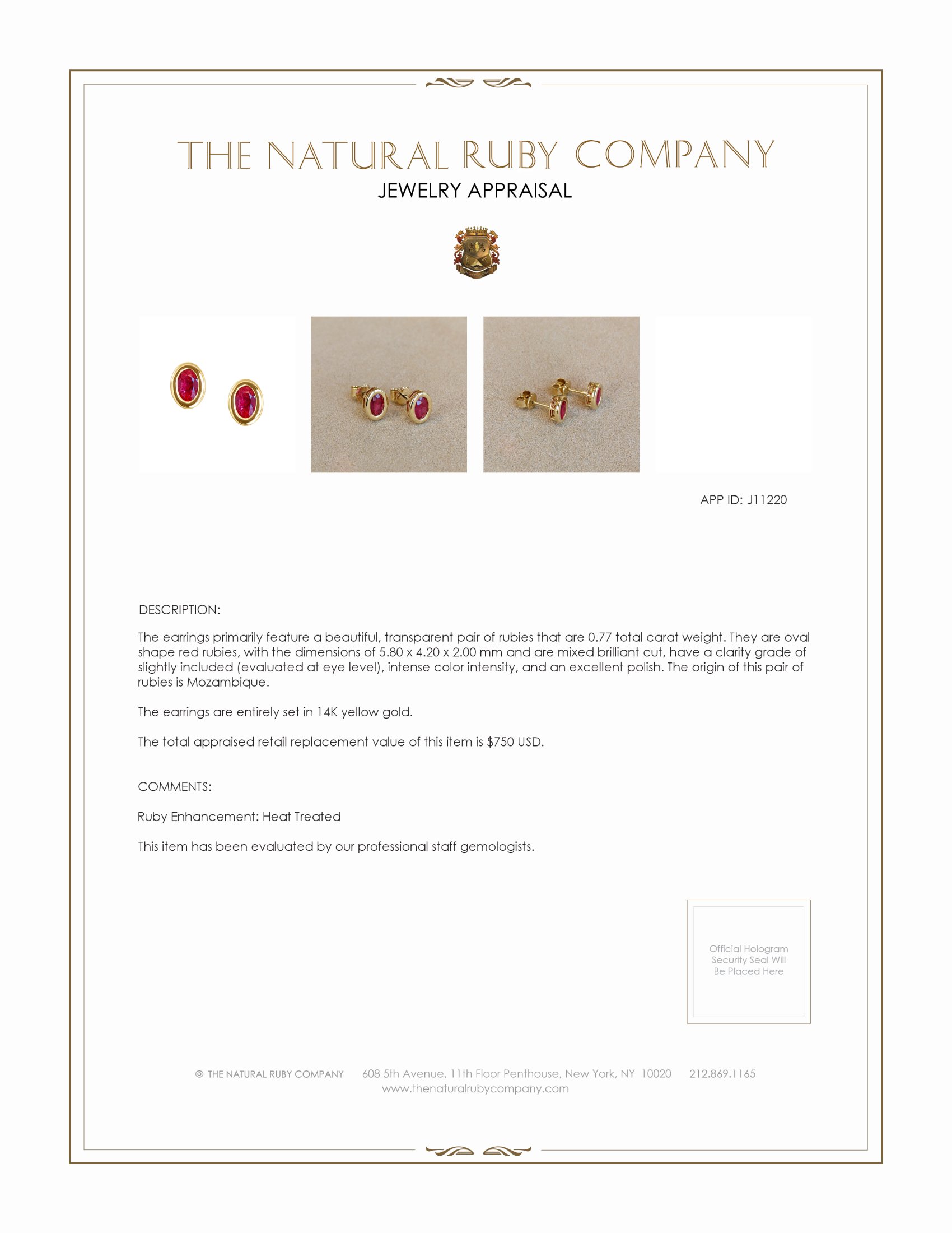 0.77 Ct.Tw. Ruby Studs Earrings, 14K Yellow Gold
