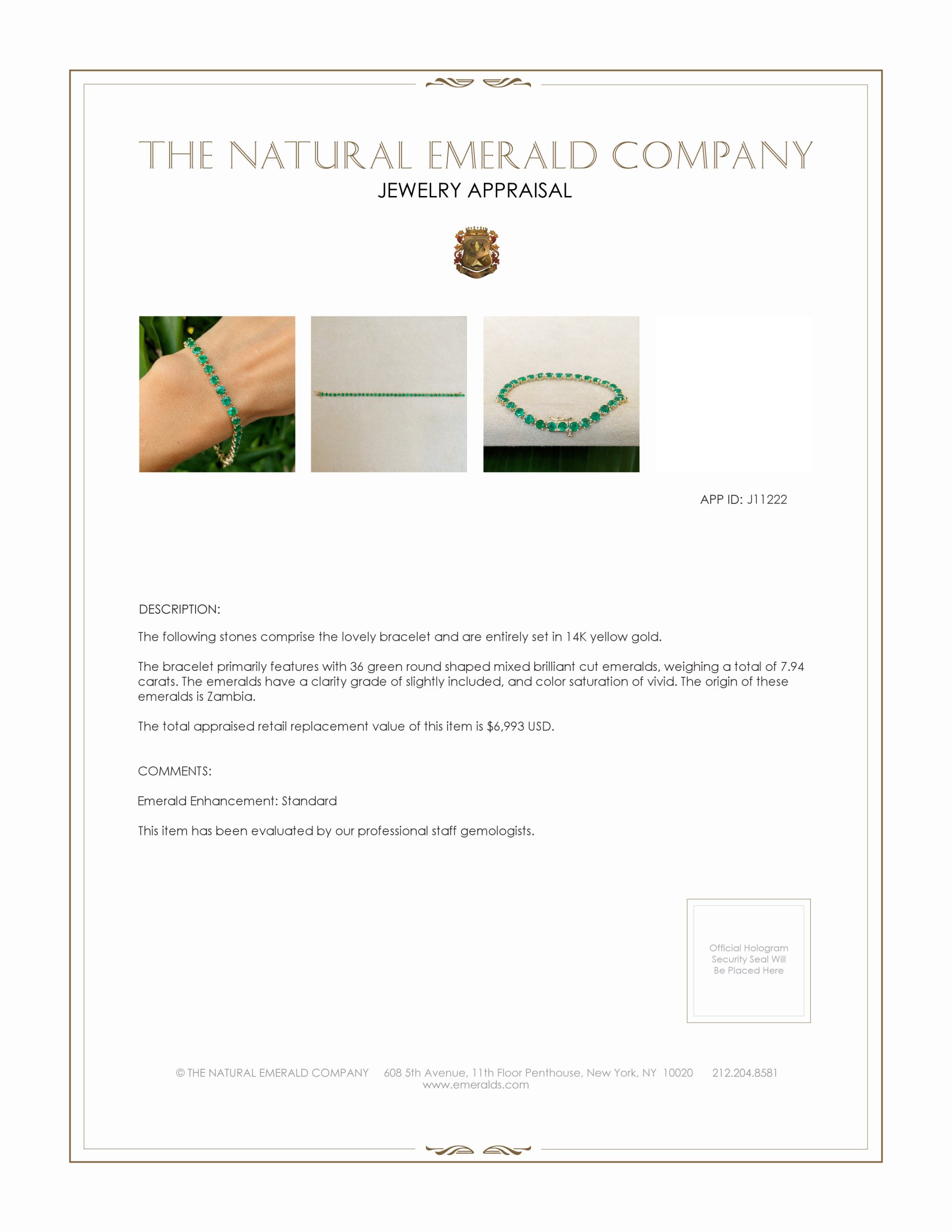 7.94 Ct.Tw. Emerald Tennis/Line Bracelet, 14K Yellow Gold