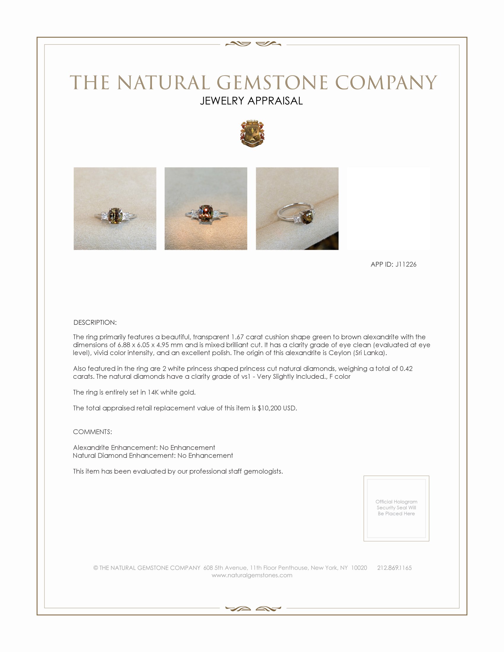 1.67 Ct. Green to Brown Alexandrite and Natural Diamond Three Stone Ring, 14K White Gold