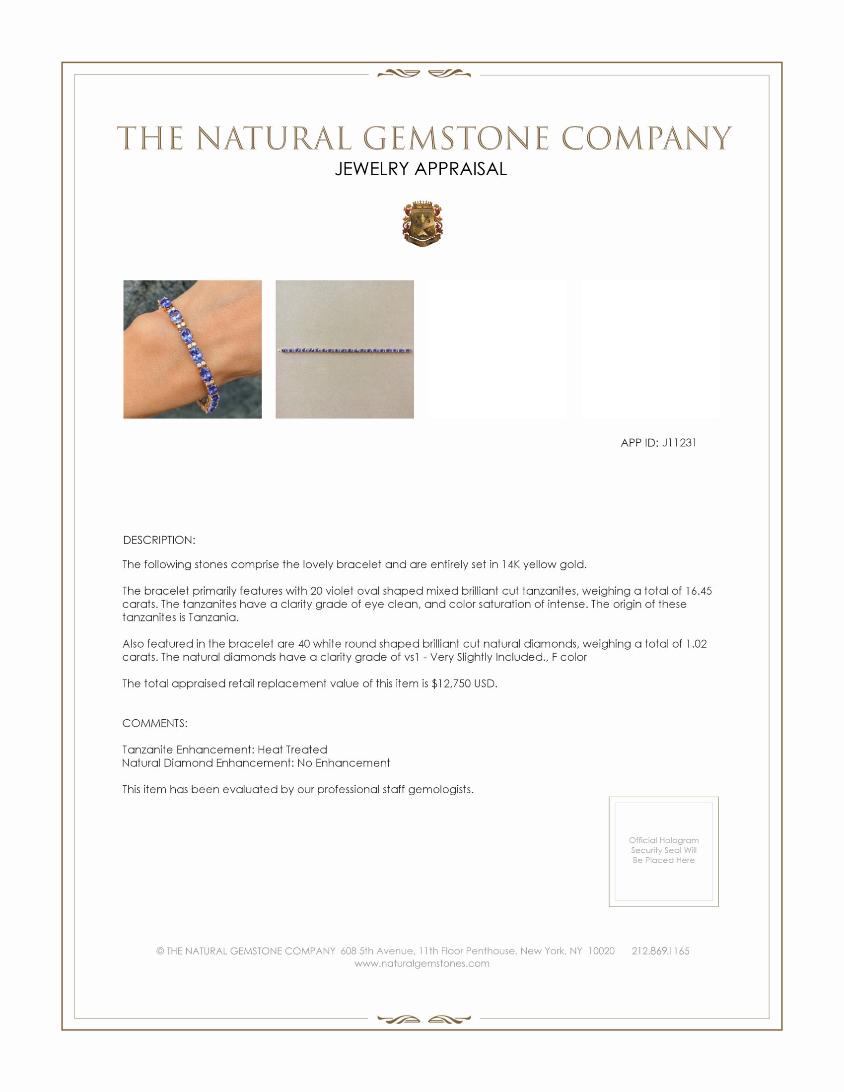 16.45 Ct.Tw. Violet Tanzanite and Natural Diamond Tennis/Line Bracelet, 14K Yellow Gold