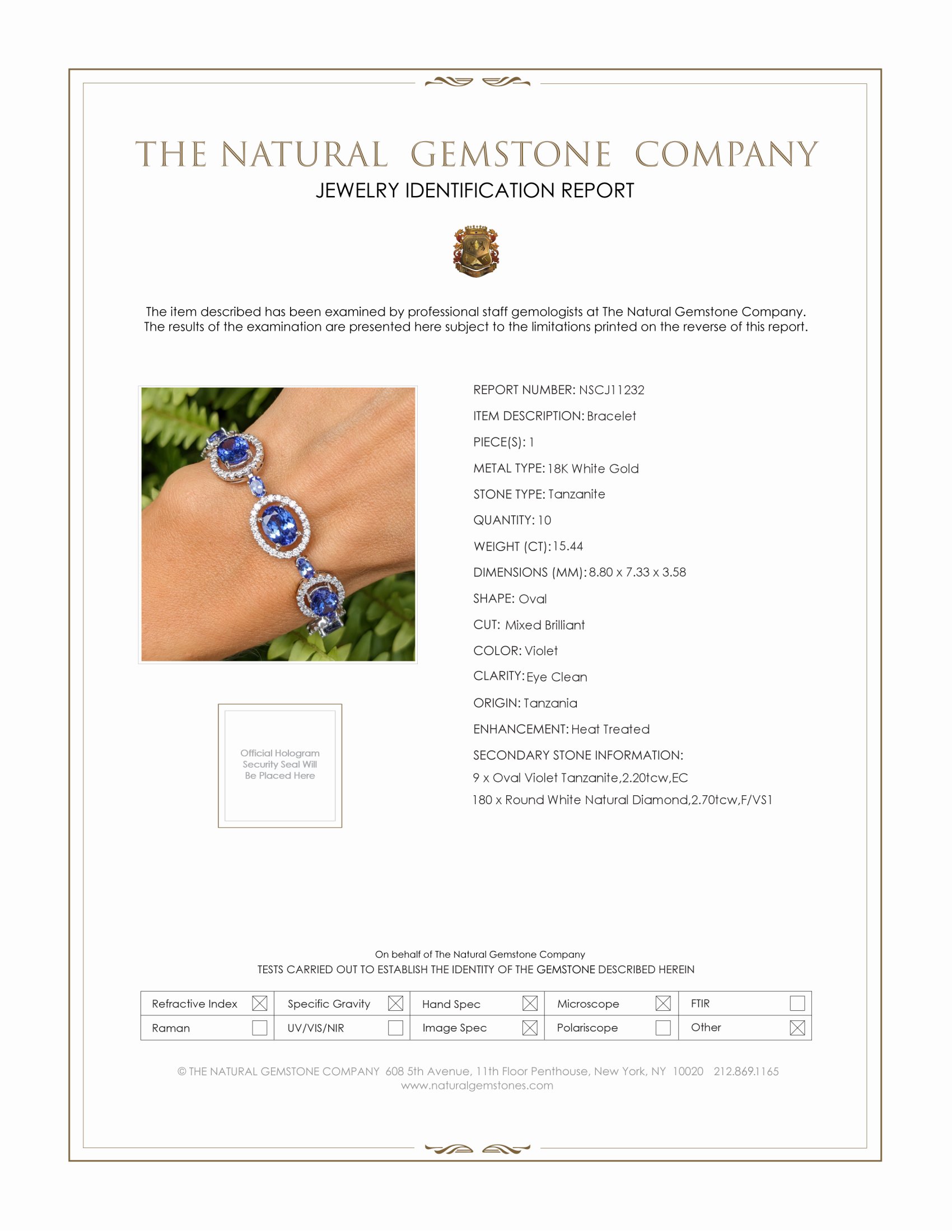 15.44 Ct.Tw. Violet Tanzanite and Natural Diamond Pave Bracelet, 18K White Gold