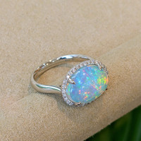 3.66 Ct. Opal Natural Diamond Pave Ring, 14K White Gold Image