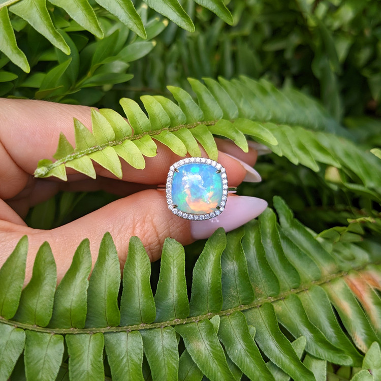 4.22 Ct. Opal Natural Diamond Pave Ring, 14K White Gold