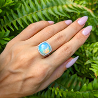 4.22 Ct. Opal Natural Diamond Pave Ring, 14K White Gold Life Style