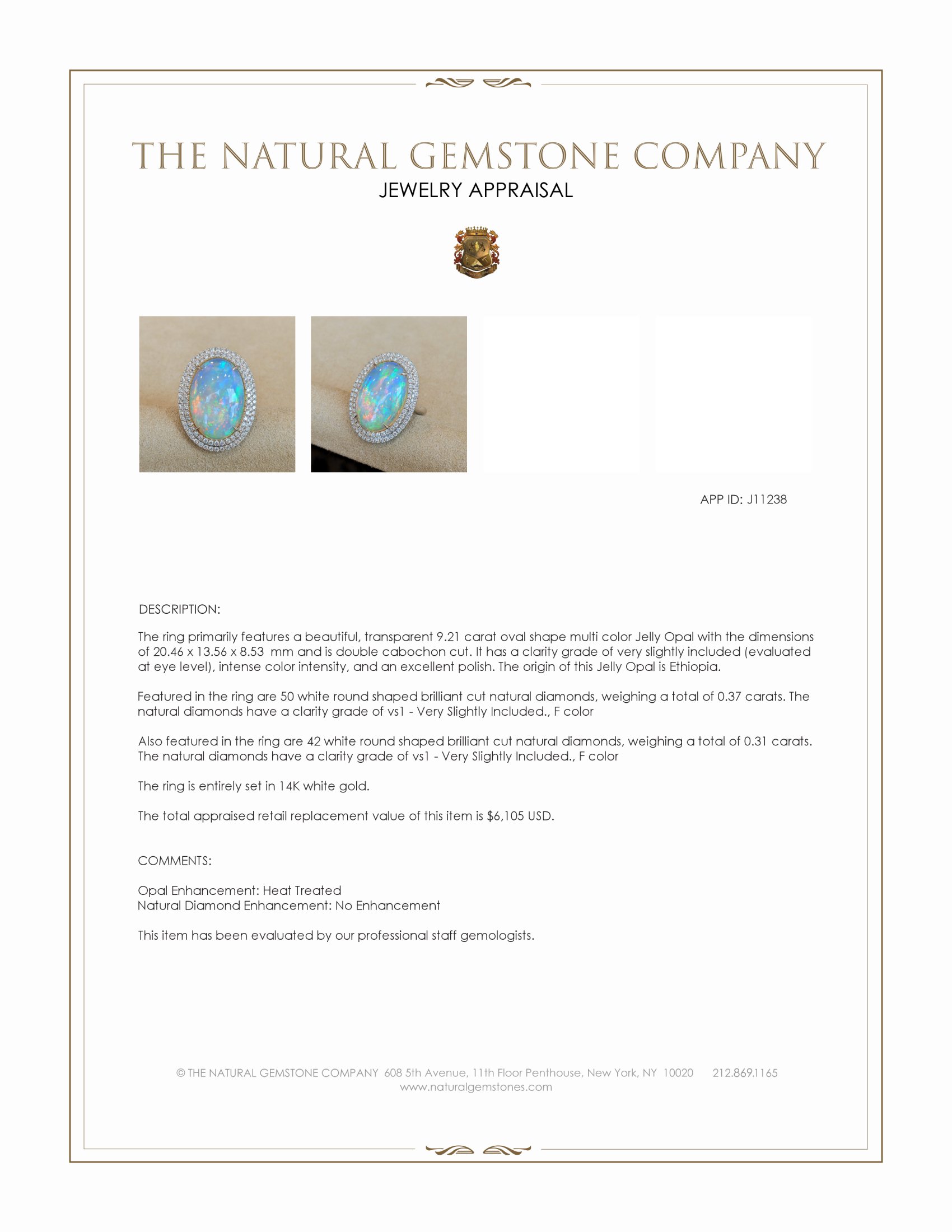 9.21 Ct. Multi Color Opal and Natural Diamond Pave Ring, 14K White Gold