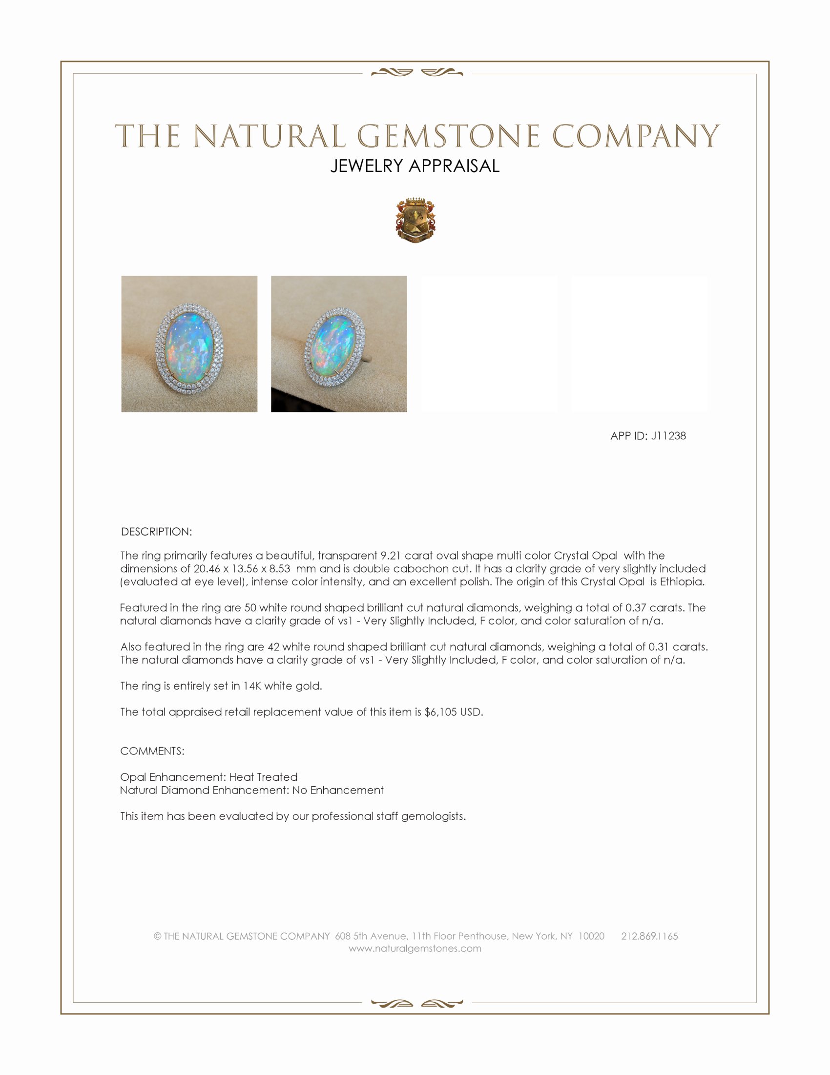 9.21 Ct. Multi Color Opal and Natural Diamond Pave Ring, 14K White Gold