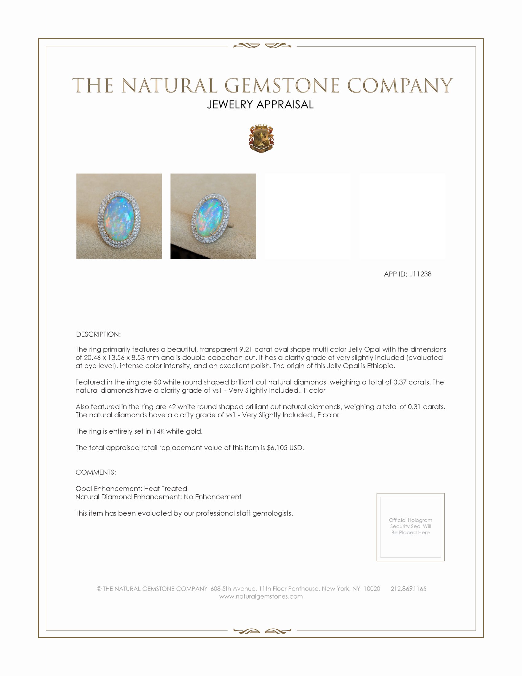 9.21 Ct. Opal Natural Diamond Pave Ring, 14K White Gold
