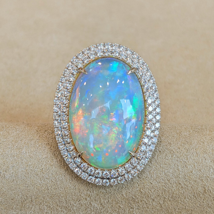 9.21 Ct. Opal Natural Diamond Pave Ring, 14K White Gold