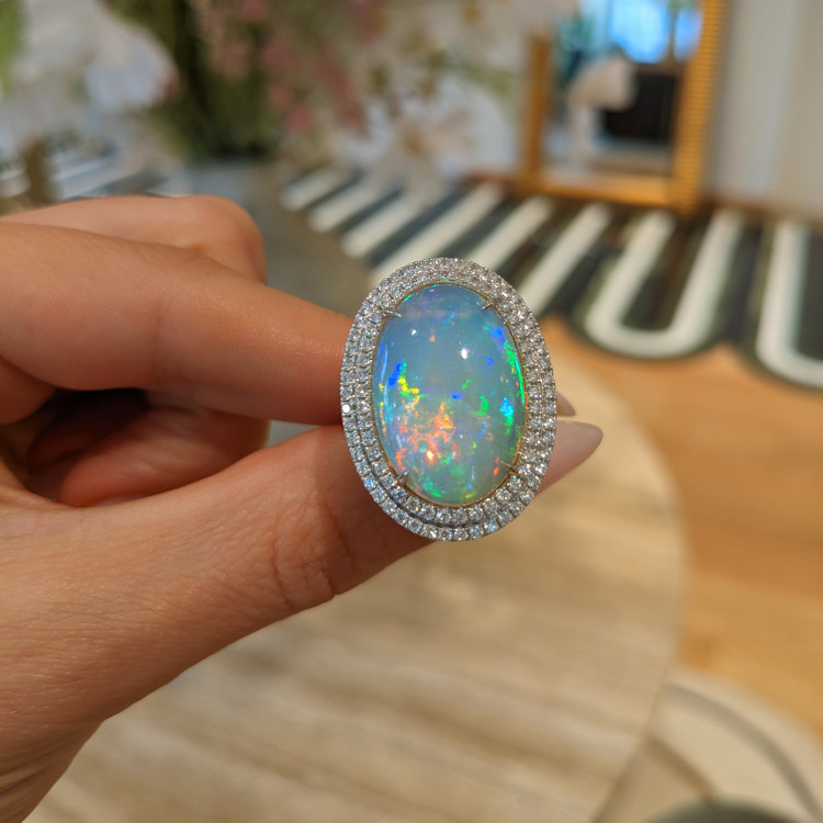 9.21 Ct. Opal Natural Diamond Pave Ring, 14K White Gold