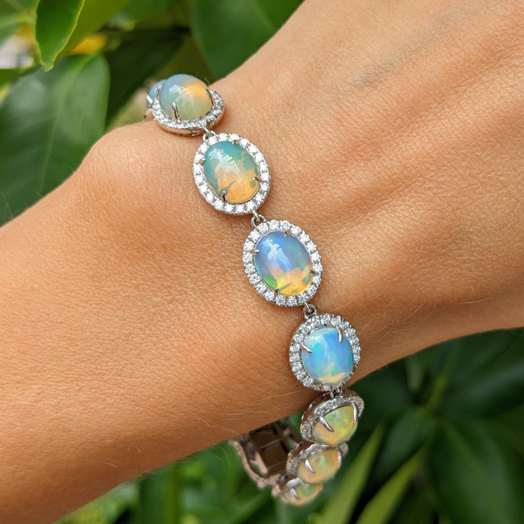 14.30 Ct.Tw. Opal Natural Diamond Pave Bracelet, 14K White Gold