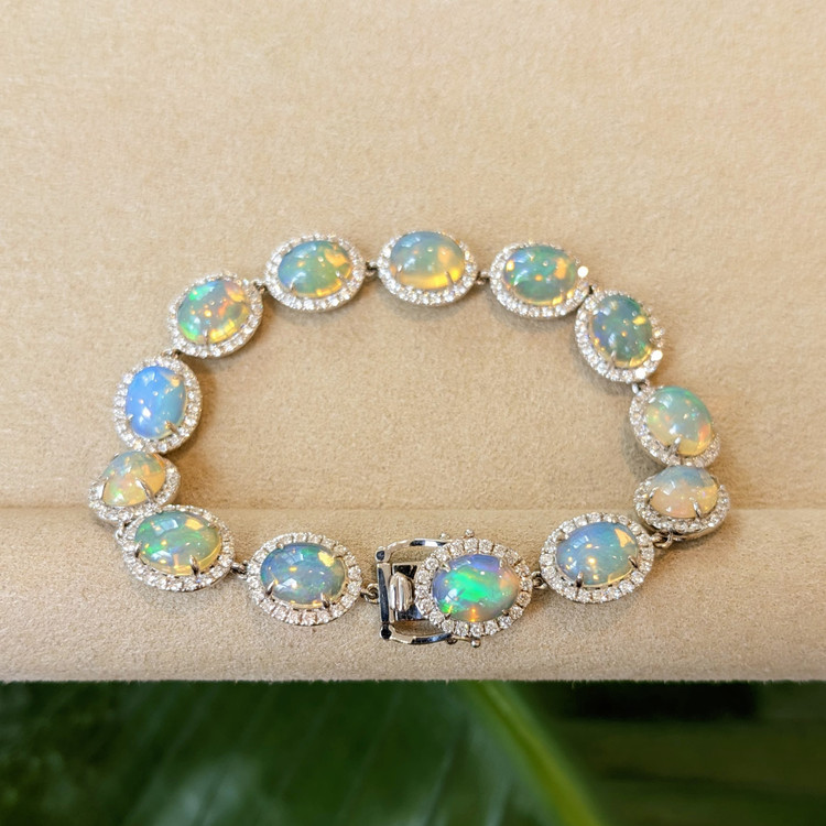 14.30 Ct.Tw. Opal Natural Diamond Pave Bracelet, 14K White Gold
