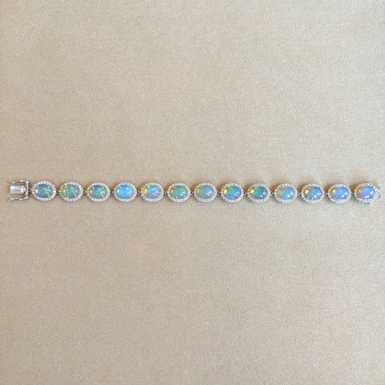 14.30 Ct.Tw. Opal Natural Diamond Pave Bracelet, 14K White Gold