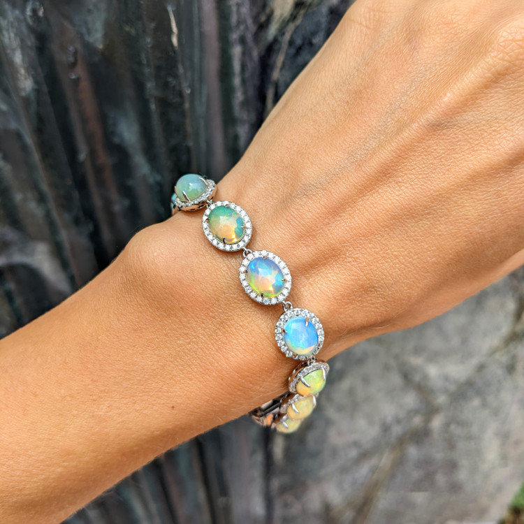 14.30 Ct.Tw. Opal Natural Diamond Pave Bracelet, 14K White Gold