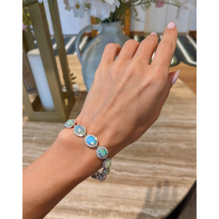 14.30 Ct.Tw. Opal Natural Diamond Pave Bracelet, 14K White Gold