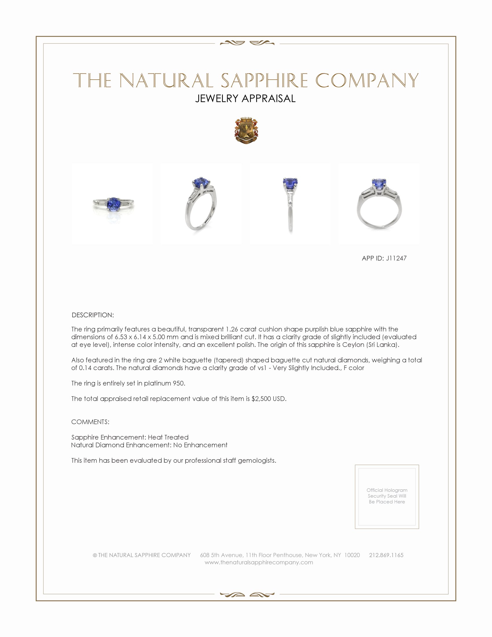 1.26 Ct. Purplish Blue Sapphire and Natural Diamond Three Stone Ring, Platinum 950