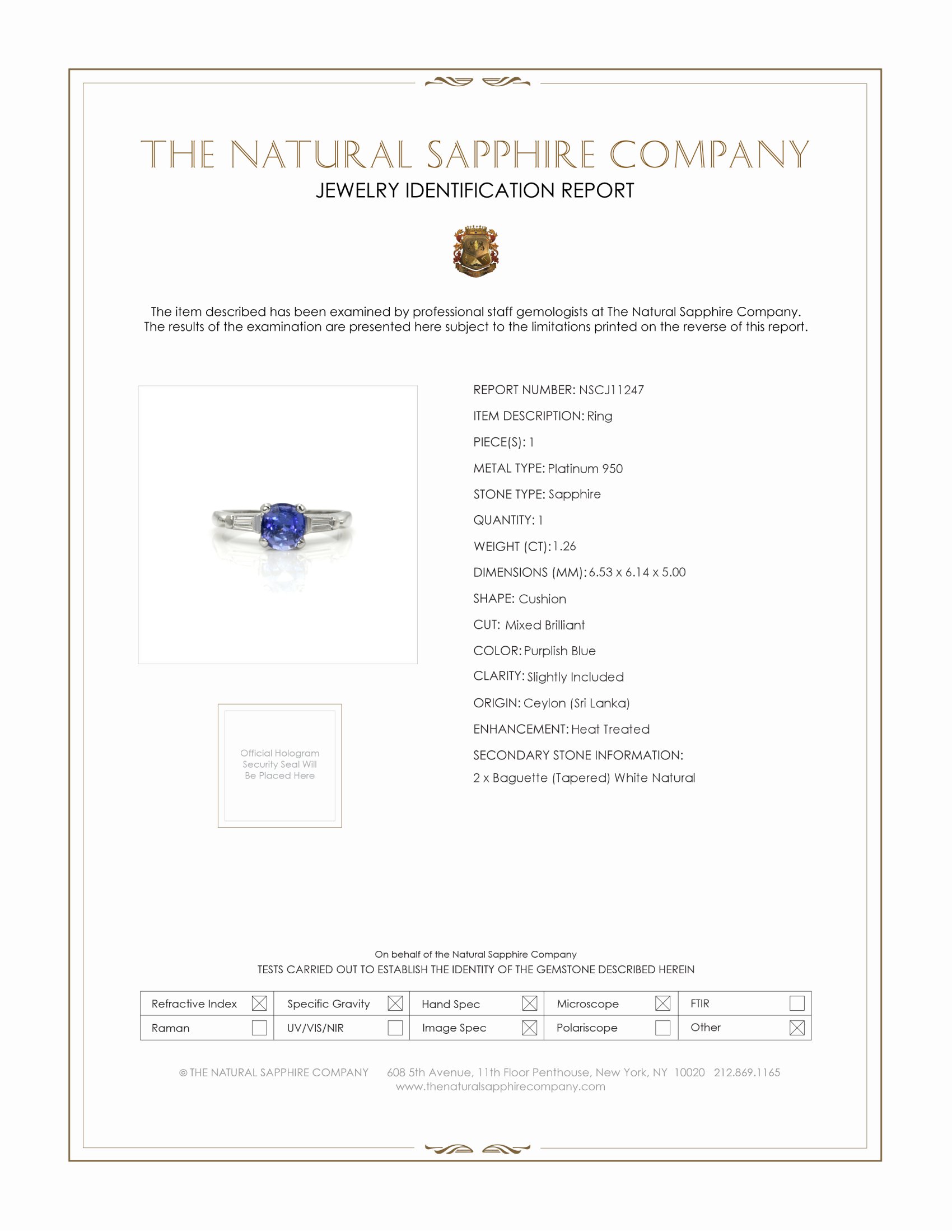 1.26 Ct. Purplish Blue Sapphire and Natural Diamond Three Stone Ring, Platinum 950