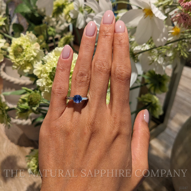 1.26 Ct. Purplish Blue Sapphire and Natural Diamond Three Stone Ring, Platinum 950