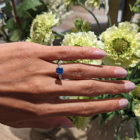 1.26 Ct. Purplish Blue Sapphire and Natural Diamond Three Stone Ring, Platinum 950 Life Style