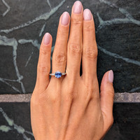 1.26 Ct. Purplish Blue Sapphire and Natural Diamond Three Stone Ring, Platinum 950 Life Style