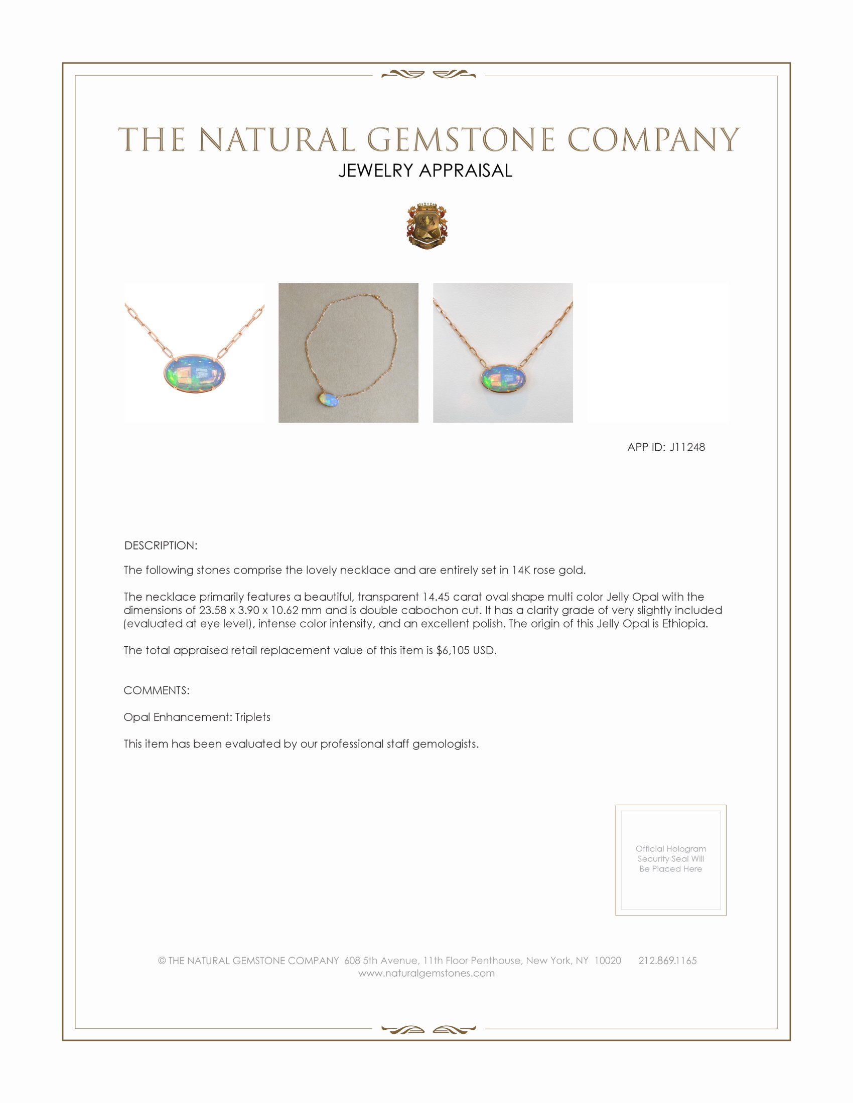 14.45 Ct. Opal Antique Style Necklace, 14K Rose Gold