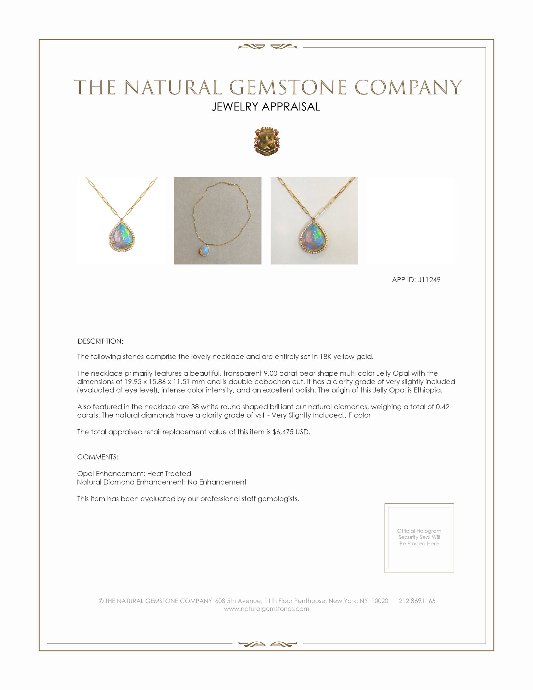 9.00 Ct. Opal Natural Diamond Halo Necklace, 18K Yellow Gold