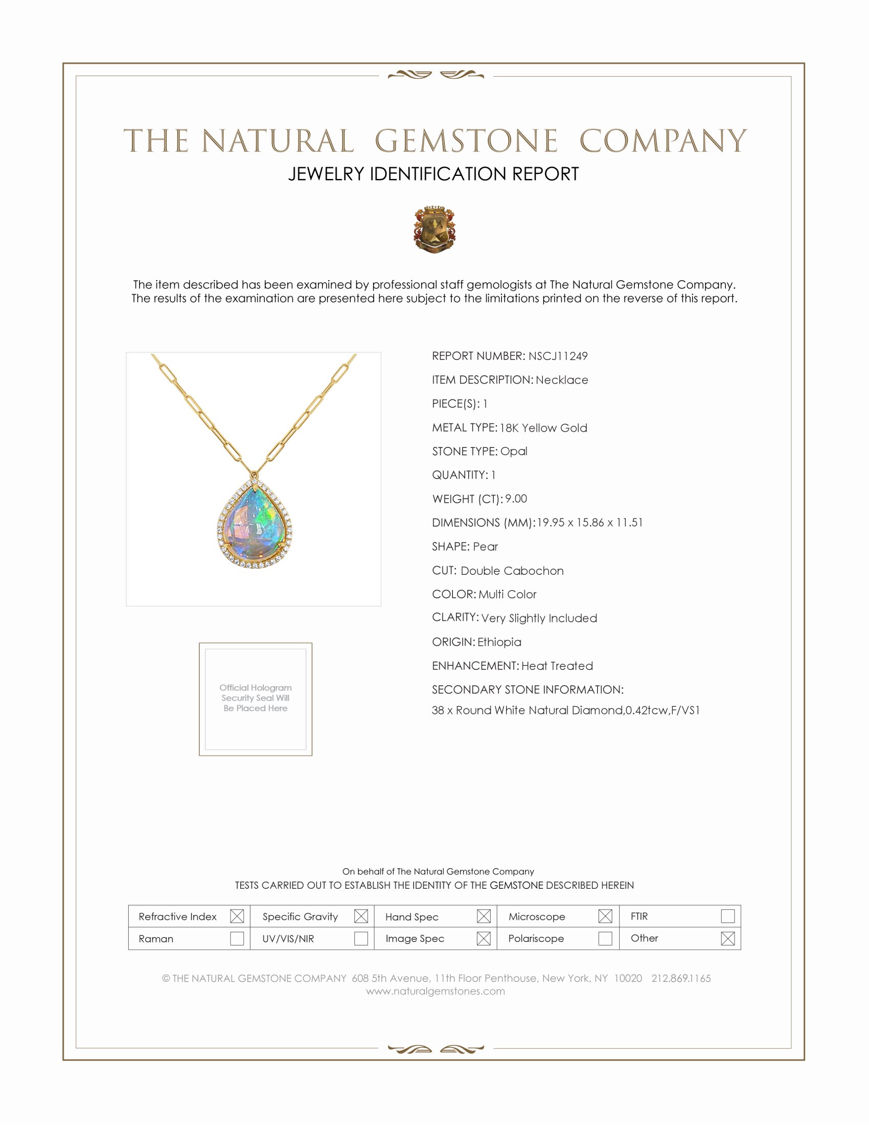9.00 Ct. Opal Natural Diamond Halo Necklace, 18K Yellow Gold