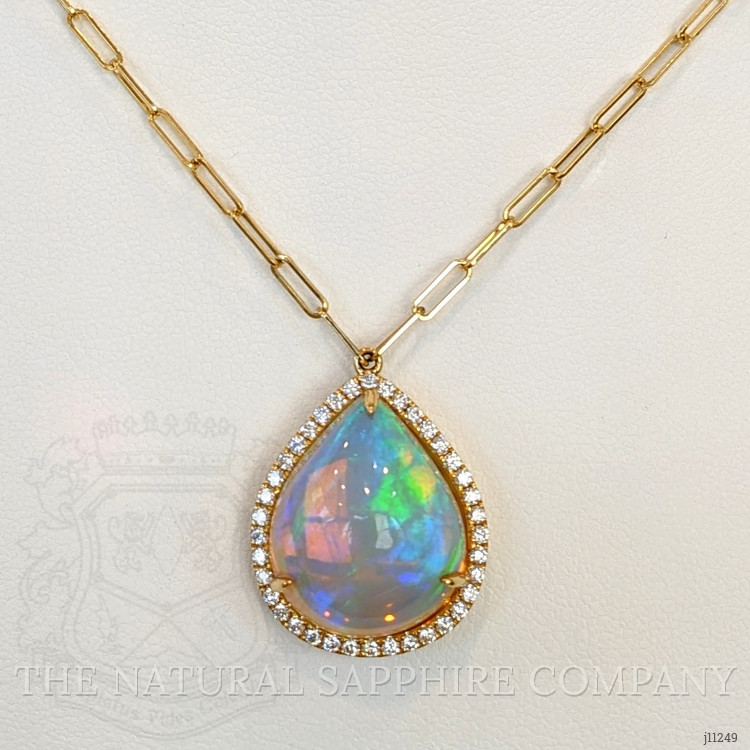 9.00 Ct. Opal Natural Diamond Halo Necklace, 18K Yellow Gold