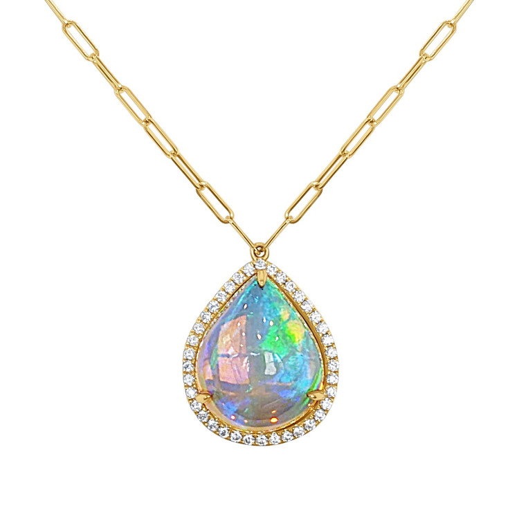 9.00 Ct. Opal Natural Diamond Halo Necklace, 18K Yellow Gold