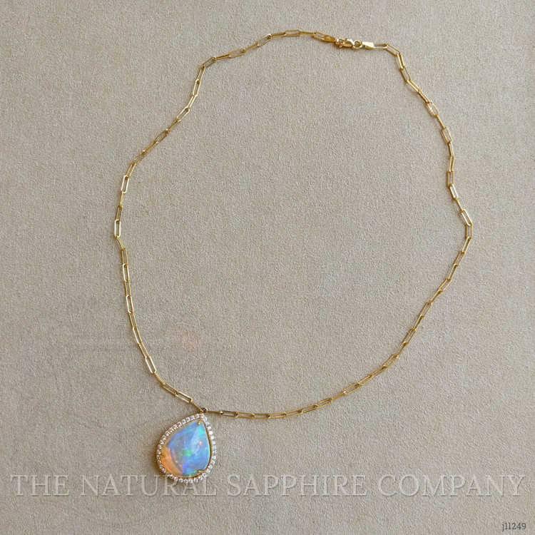 9.00 Ct. Opal Natural Diamond Halo Necklace, 18K Yellow Gold