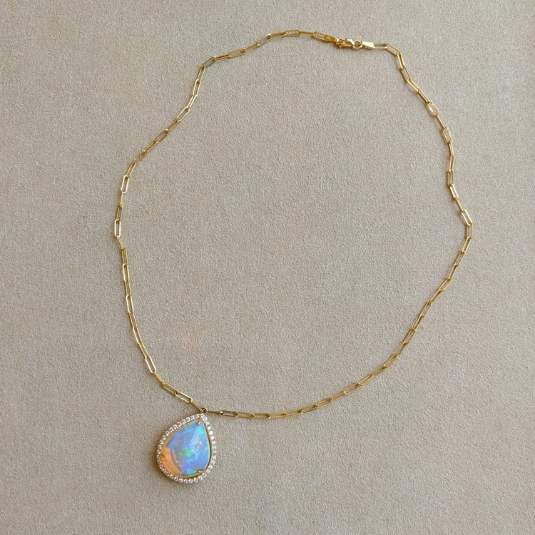 9.00 Ct. Opal Natural Diamond Halo Necklace, 18K Yellow Gold