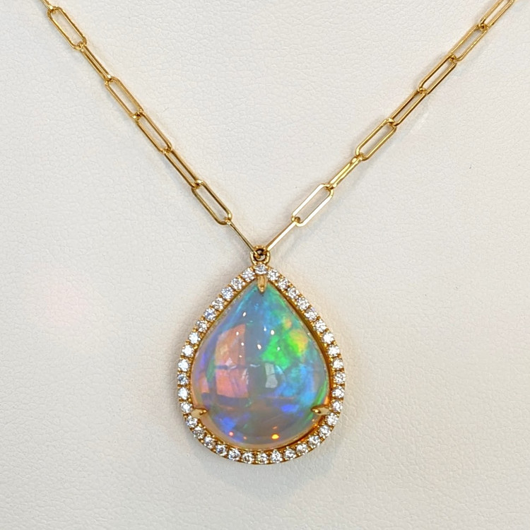 9.00 Ct. Opal Natural Diamond Halo Necklace, 18K Yellow Gold