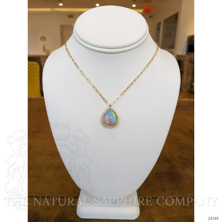 9.00 Ct. Opal Natural Diamond Halo Necklace, 18K Yellow Gold