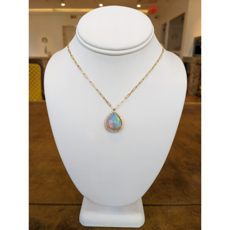 9.00 Ct. Opal Natural Diamond Halo Necklace, 18K Yellow Gold