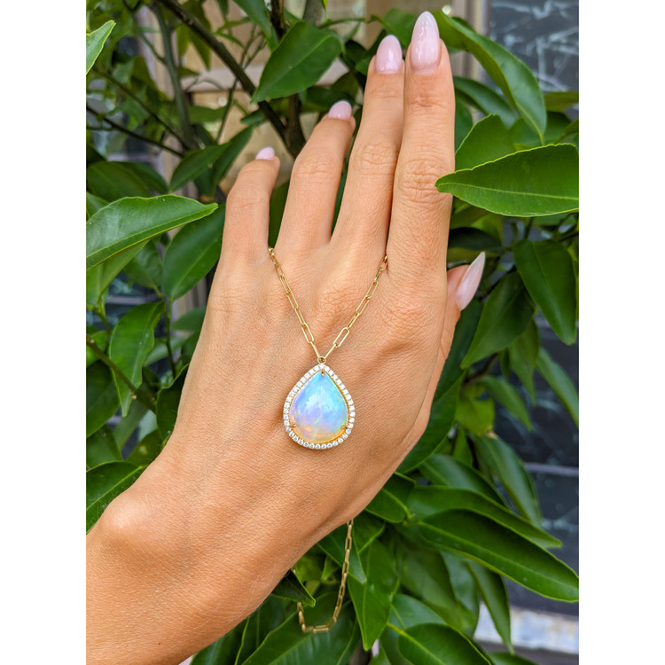 9.00 Ct. Opal Natural Diamond Halo Necklace, 18K Yellow Gold