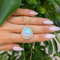 9.00 Ct. Opal Natural Diamond Halo Necklace, 18K Yellow Gold Life Style