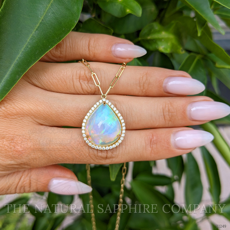 9.00 Ct. Opal Natural Diamond Halo Necklace, 18K Yellow Gold