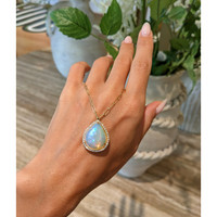 9.00 Ct. Opal Natural Diamond Halo Necklace, 18K Yellow Gold Life Style