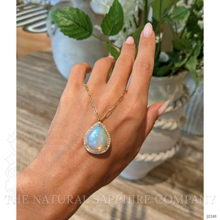 9.00 Ct. Opal Natural Diamond Halo Necklace, 18K Yellow Gold