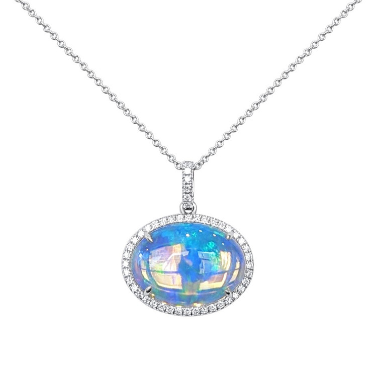 5.83 Ct. Opal Natural Diamond Pave Pendant, 14K White Gold
