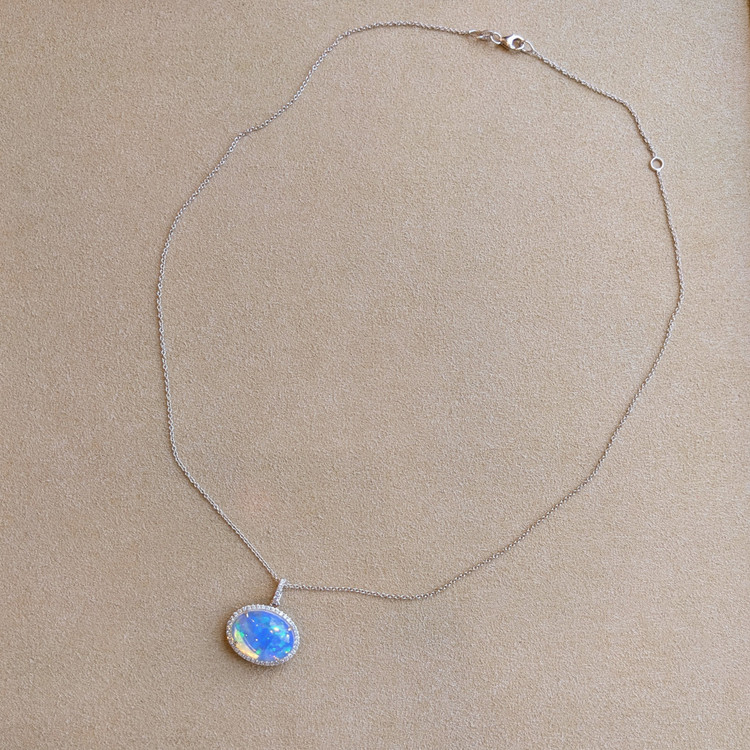 5.83 Ct. Opal Natural Diamond Pave Pendant, 14K White Gold