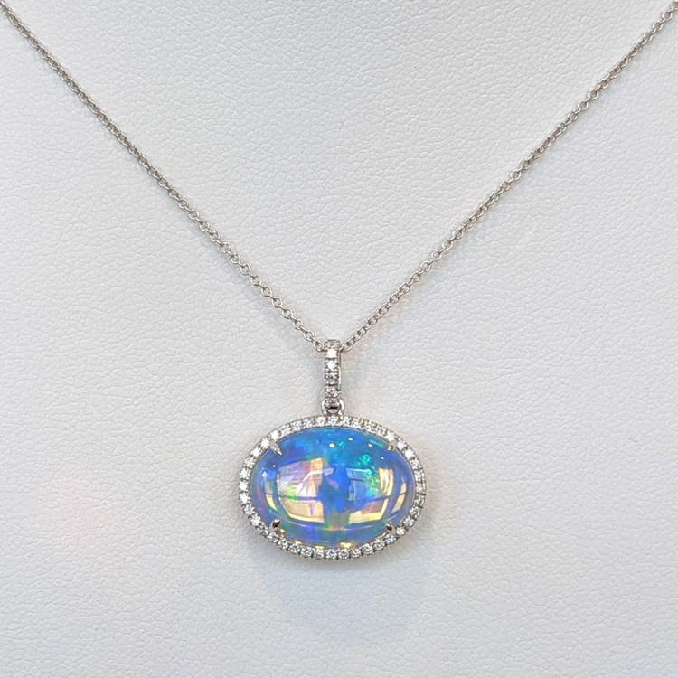 5.83 Ct. Opal Natural Diamond Pave Pendant, 14K White Gold