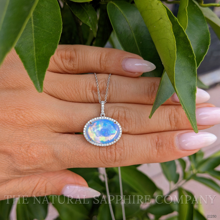 5.83 Ct. Opal Natural Diamond Pave Pendant, 14K White Gold