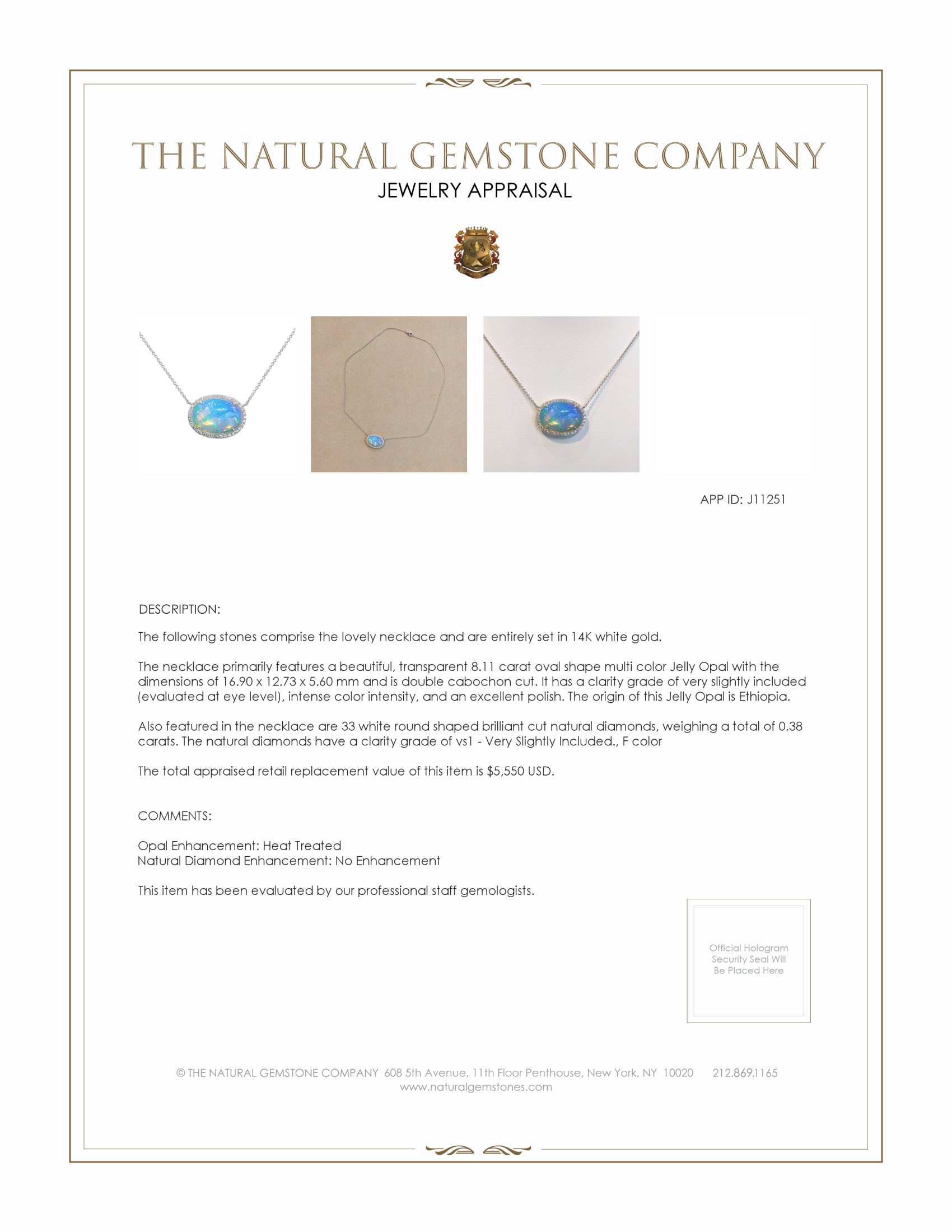 8.11 Ct. Opal Natural Diamond Pave Necklace, 14K White Gold